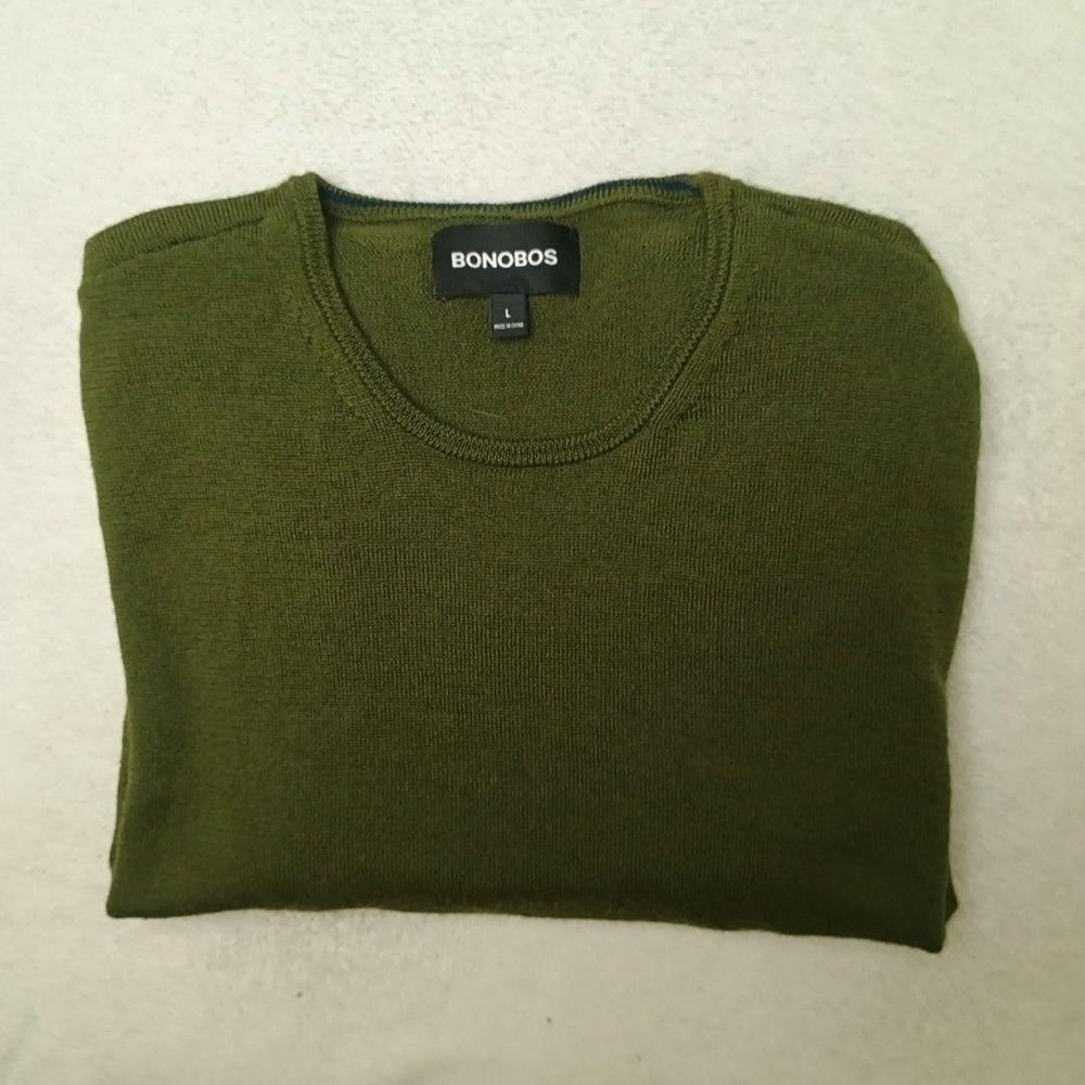 Bonobos Sweater Mens L Green Crew Neck Merino Wool Lightweight Pullover Work